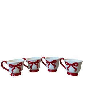 Hand Painted RED BOW Mug Set of 4 Christmas Holiday Glam New